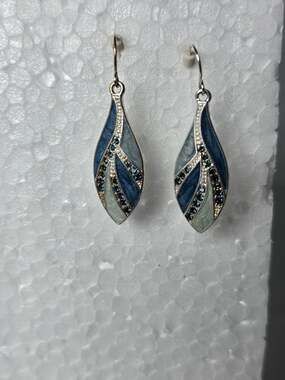 Courtney G Blue and Grey Enamel Leaf Dangle Earrings with Rhinestone Accents